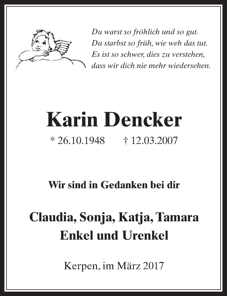  Traueranzeige für Karin Dencker vom 15.03.2017 aus  Werbepost 