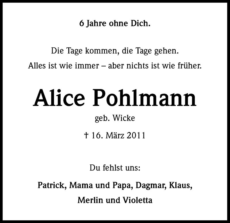  Traueranzeige für Alice Pohlmann vom 16.03.2017 aus Kölner Stadt-Anzeiger / Kölnische Rundschau / Express