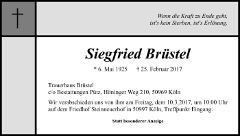 Anzeige von Siegfried Brüstel von Kölner Stadt-Anzeiger / Kölnische Rundschau / Express