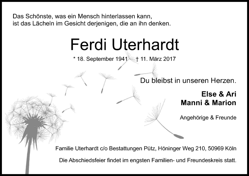  Traueranzeige für Ferdinand Uterhardt vom 18.03.2017 aus Kölner Stadt-Anzeiger / Kölnische Rundschau / Express
