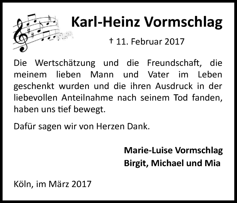  Traueranzeige für Karl-Heinz Vormschlag vom 11.03.2017 aus Kölner Stadt-Anzeiger / Kölnische Rundschau / Express