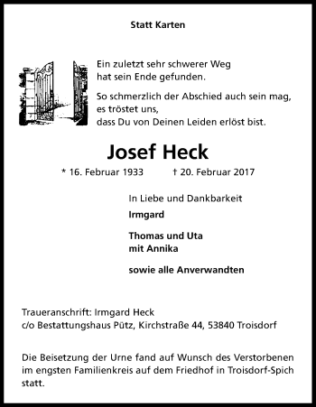 Anzeige von Josef Heck von Kölner Stadt-Anzeiger / Kölnische Rundschau / Express