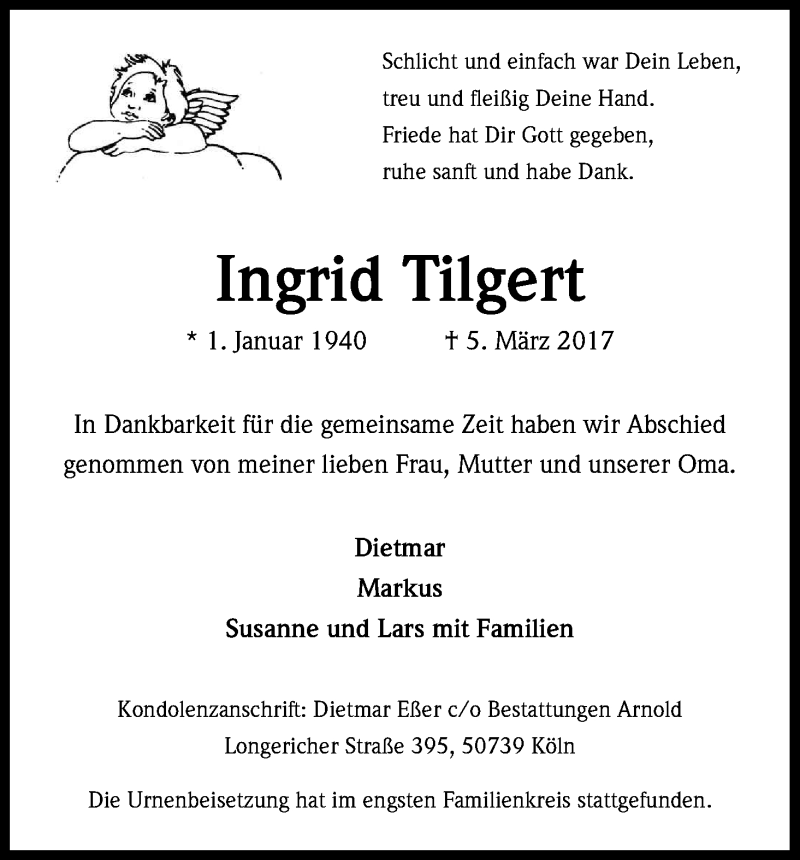 Traueranzeige für Ingrid Tilgert vom 25.03.2017 aus Kölner Stadt-Anzeiger / Kölnische Rundschau / Express