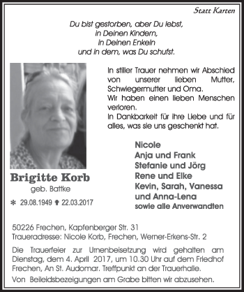 Anzeige von Brigitte Korb von  Sonntags-Post 