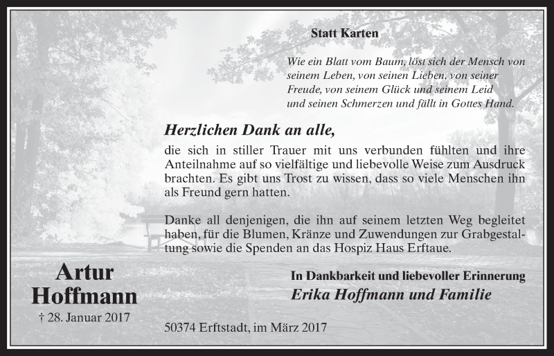  Traueranzeige für Artur Hoffmann vom 08.03.2017 aus  Werbepost 
