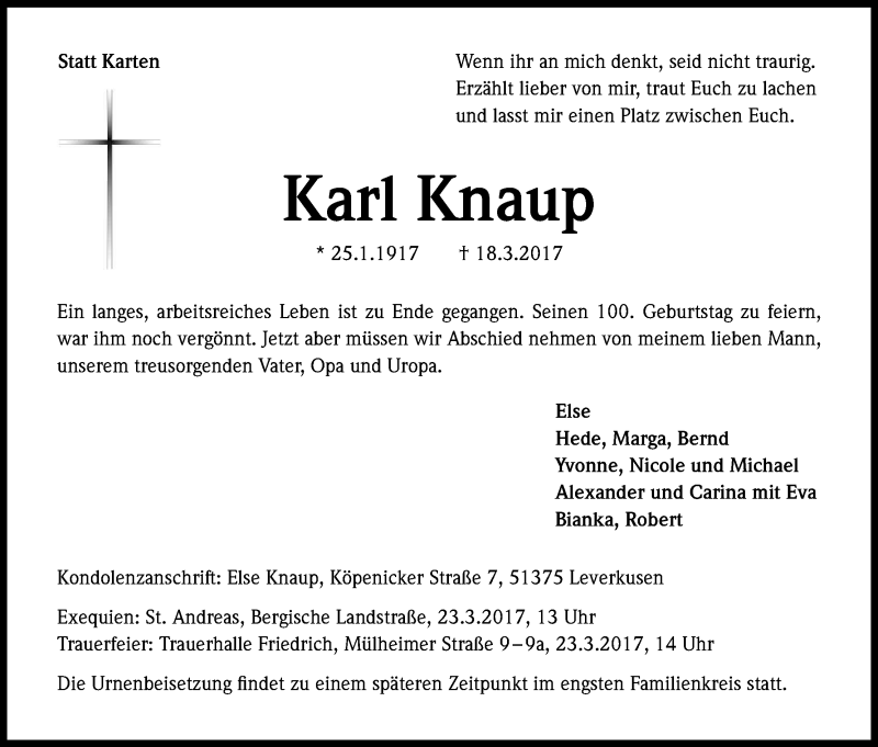  Traueranzeige für Karl Knaup vom 22.03.2017 aus Kölner Stadt-Anzeiger / Kölnische Rundschau / Express