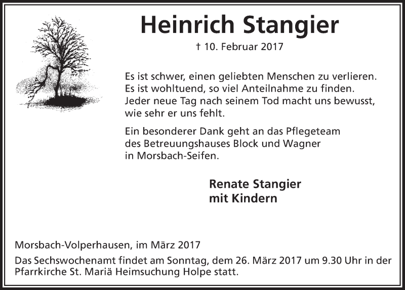  Traueranzeige für Heinrich Stangier vom 22.03.2017 aus  Lokalanzeiger 