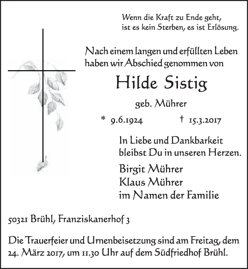  Traueranzeige für Hilde Sistig vom 22.03.2017 aus  Schlossbote/Werbekurier 
