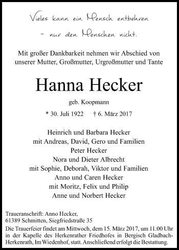 Anzeige von Hanna Hecker von Kölner Stadt-Anzeiger / Kölnische Rundschau / Express