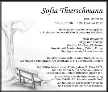 Anzeige von Sofia Thierschmann von Kölner Stadt-Anzeiger / Kölnische Rundschau / Express