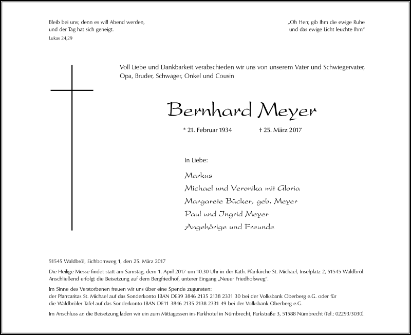  Traueranzeige für Bernhard Meyer vom 29.03.2017 aus  Anzeigen Echo  Lokalanzeiger 
