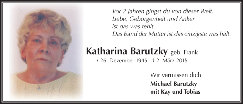  Traueranzeige für Katharina Barutzky vom 04.03.2017 aus  Bergisches Sonntagsblatt 