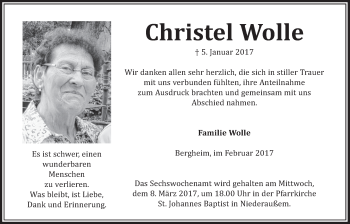 Anzeige von Christel Wolle von  Sonntags-Post 