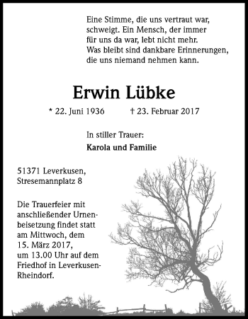 Anzeige von Erwin Lübke von Kölner Stadt-Anzeiger / Kölnische Rundschau / Express