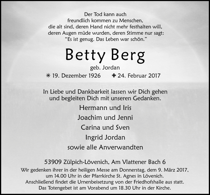  Traueranzeige für Betty Berg vom 04.03.2017 aus  Blickpunkt Euskirchen 