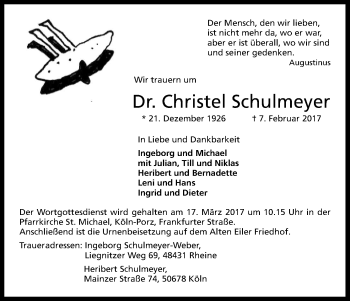 Anzeige von Christel Schulmeyer von Kölner Stadt-Anzeiger / Kölnische Rundschau / Express