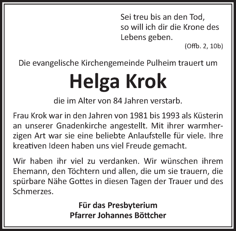  Traueranzeige für Helga Krok vom 04.03.2017 aus  Sonntags-Post 