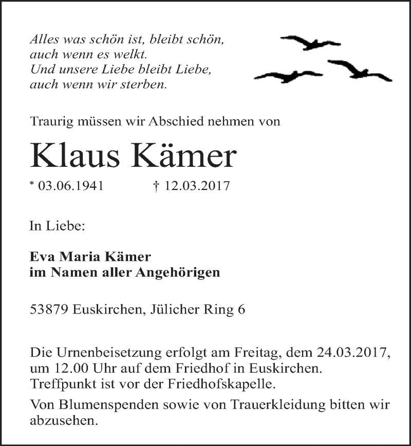  Traueranzeige für Klaus Kämer vom 18.03.2017 aus  Blickpunkt Euskirchen 