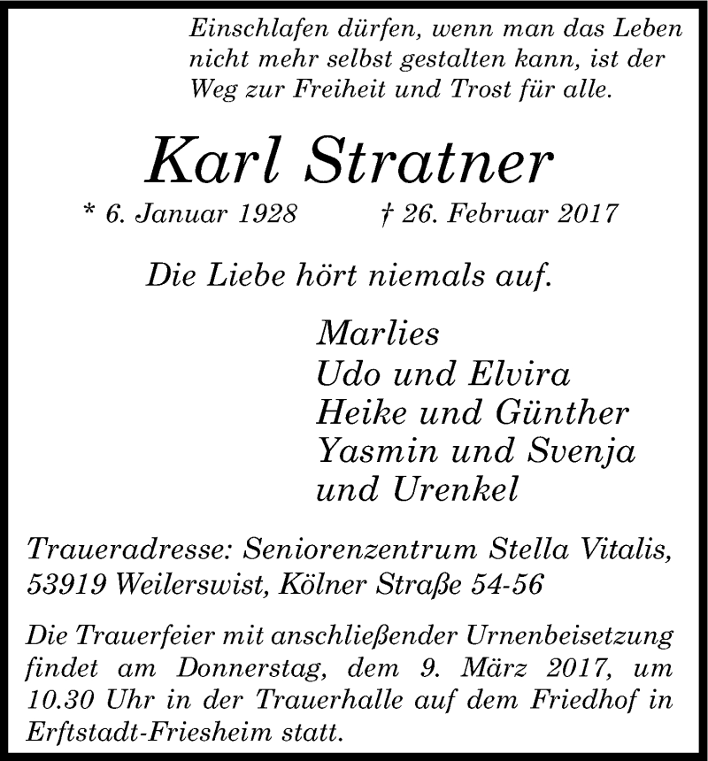  Traueranzeige für Karl Stratner vom 04.03.2017 aus Kölner Stadt-Anzeiger / Kölnische Rundschau / Express