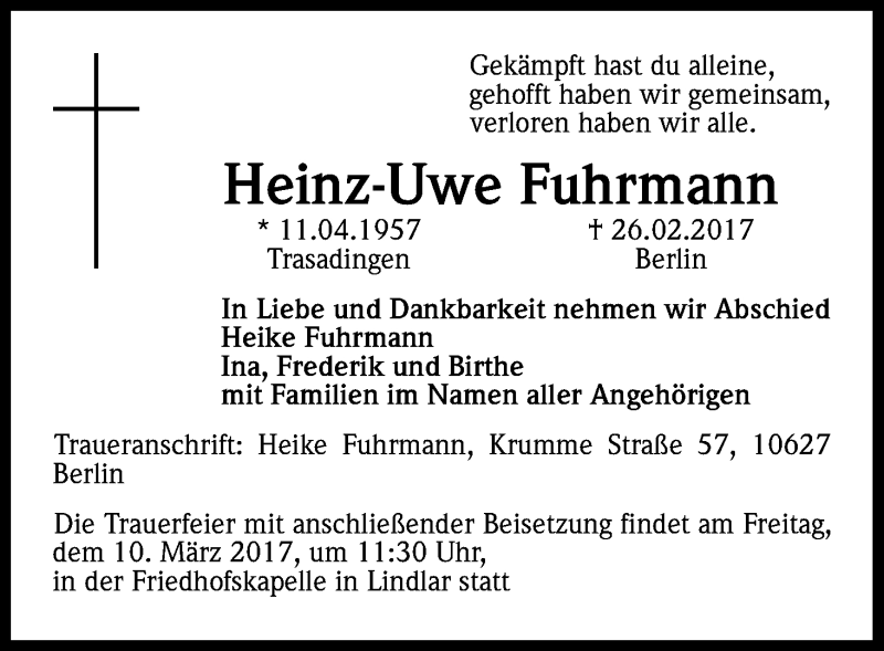  Traueranzeige für Heinz-Uwe Fuhrmann vom 06.03.2017 aus Kölner Stadt-Anzeiger / Kölnische Rundschau / Express