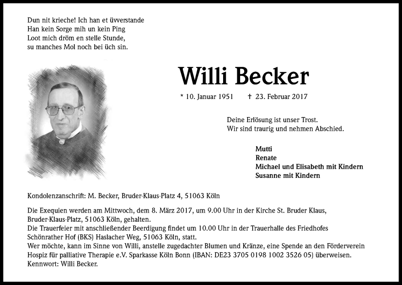 Traueranzeige für Willi Becker vom 04.03.2017 aus Kölner Stadt-Anzeiger / Kölnische Rundschau / Express