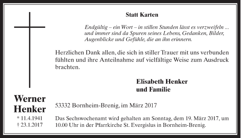  Traueranzeige für Werner Henker vom 15.03.2017 aus  Schaufenster/Blickpunkt 