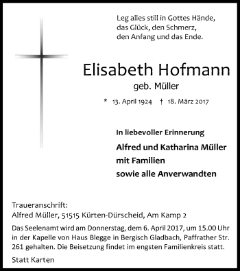Anzeige von Elisabeth Hofmann von Kölner Stadt-Anzeiger / Kölnische Rundschau / Express