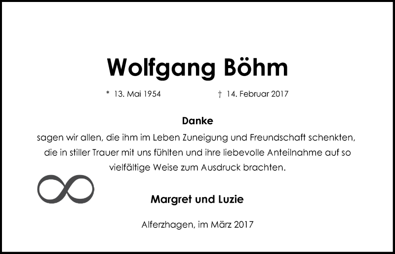  Traueranzeige für Wolfgang Böhm vom 22.03.2017 aus  Anzeigen Echo 