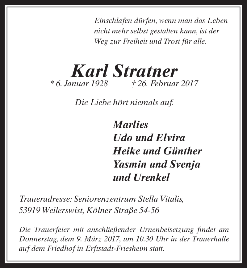  Traueranzeige für Karl Stratner vom 08.03.2017 aus  Werbepost 