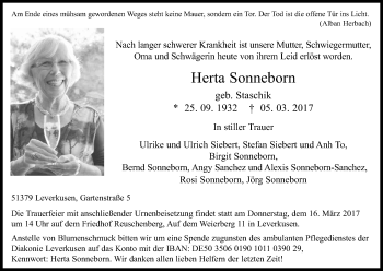 Anzeige von Herta Sonneborn von Kölner Stadt-Anzeiger / Kölnische Rundschau / Express