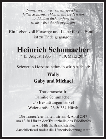Anzeige von Heinrich Schumacher von  Wochenende 