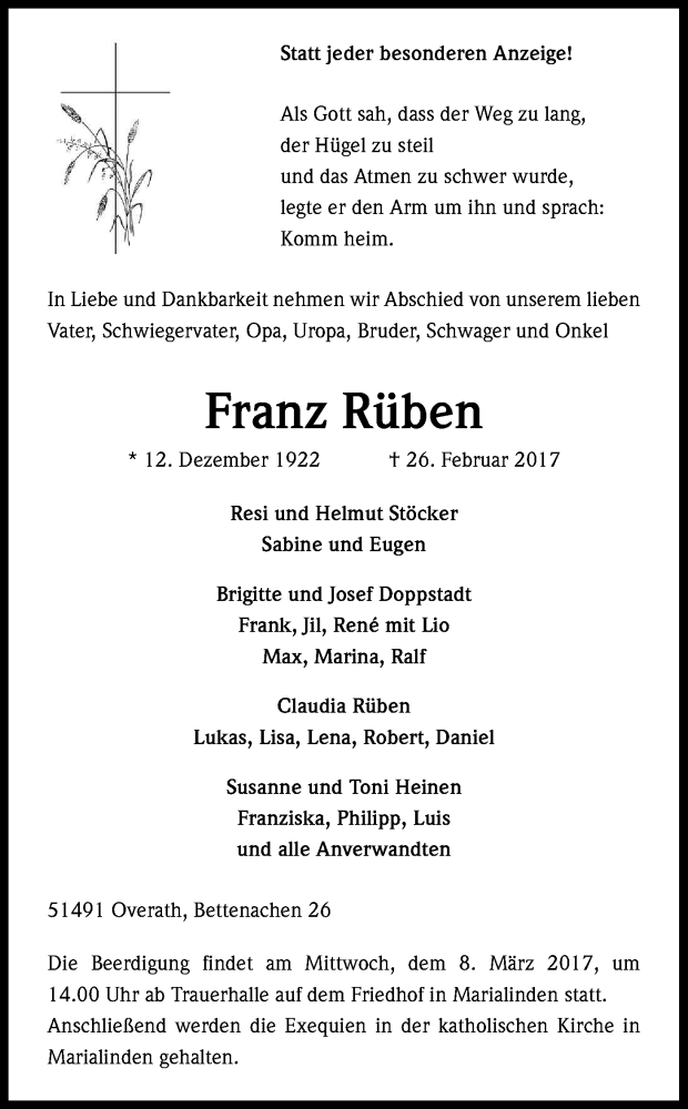  Traueranzeige für Franz Rüben vom 04.03.2017 aus Kölner Stadt-Anzeiger / Kölnische Rundschau / Express