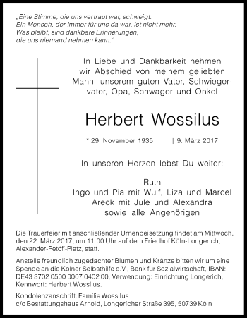 Anzeige von Herbert Wossilus von Kölner Stadt-Anzeiger / Kölnische Rundschau / Express
