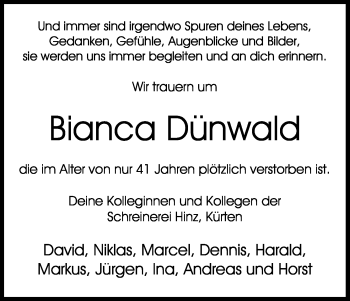 Anzeige von Bianca Dünwald von Kölner Stadt-Anzeiger / Kölnische Rundschau / Express
