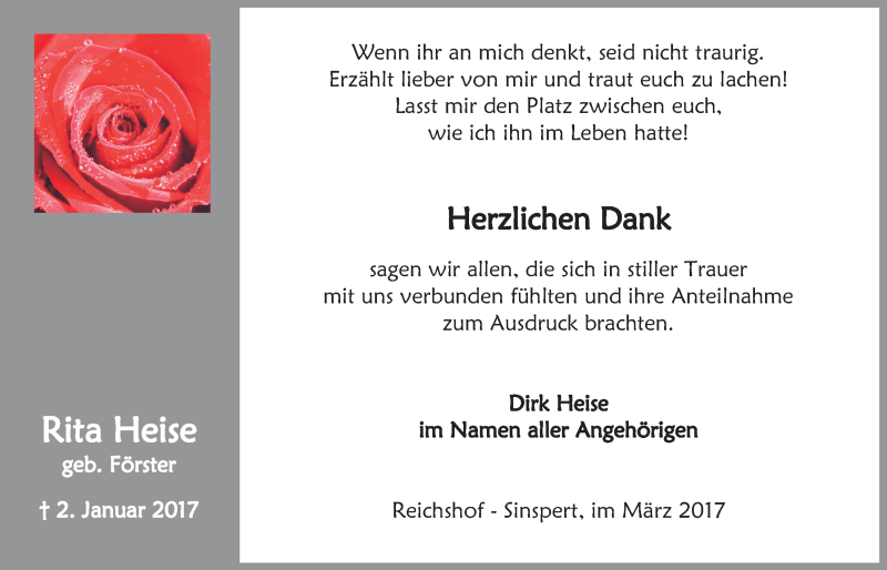  Traueranzeige für Rita Heise vom 08.03.2017 aus  Anzeigen Echo 