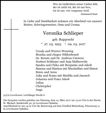 Anzeige von Veronika Schlieper von Kölner Stadt-Anzeiger / Kölnische Rundschau / Express