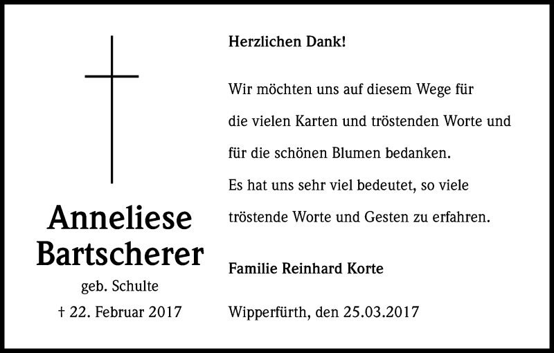  Traueranzeige für Anneliese Bartscherer vom 31.03.2017 aus Kölner Stadt-Anzeiger / Kölnische Rundschau / Express