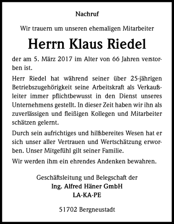 Anzeige von Klaus Riedel von Kölner Stadt-Anzeiger / Kölnische Rundschau / Express