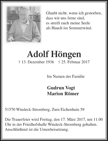 Anzeige von Adolf Höngen von  Extra Blatt 