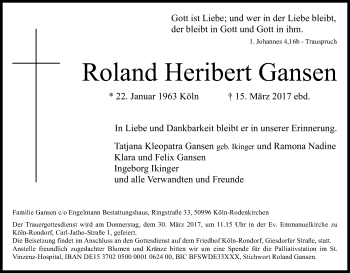 Anzeige von Roland Heribert Gansen von Kölner Stadt-Anzeiger / Kölnische Rundschau / Express