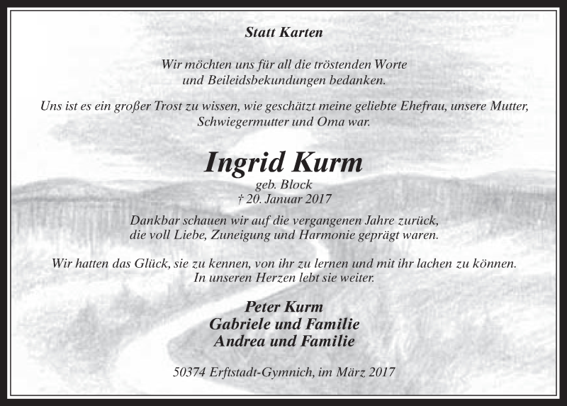  Traueranzeige für Ingrid Kurm vom 22.03.2017 aus  Werbepost 