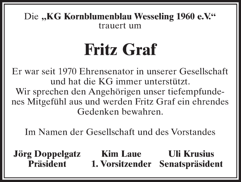  Traueranzeige für Fritz Graf vom 08.03.2017 aus  Schlossbote/Werbekurier 