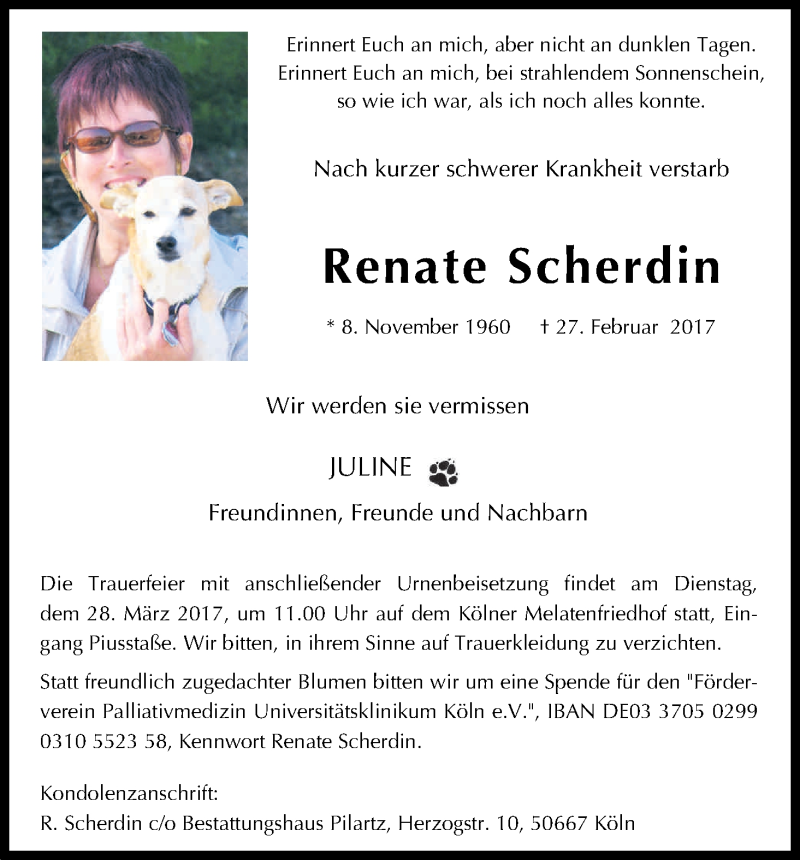  Traueranzeige für Renate Scherdin vom 11.03.2017 aus Kölner Stadt-Anzeiger / Kölnische Rundschau / Express