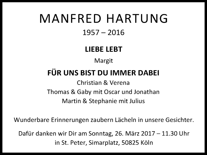  Traueranzeige für Manfred Hartung vom 18.03.2017 aus Kölner Stadt-Anzeiger / Kölnische Rundschau / Express