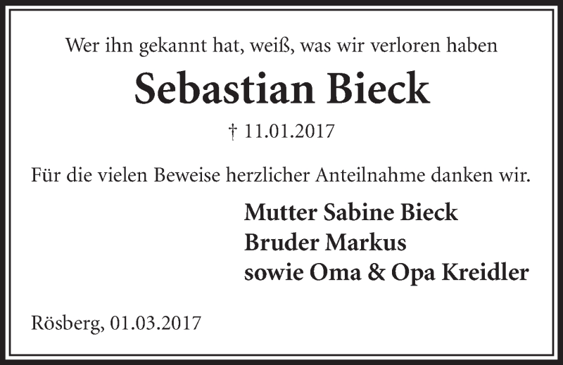  Traueranzeige für Sebastian Bieck vom 08.03.2017 aus  Schlossbote/Werbekurier 