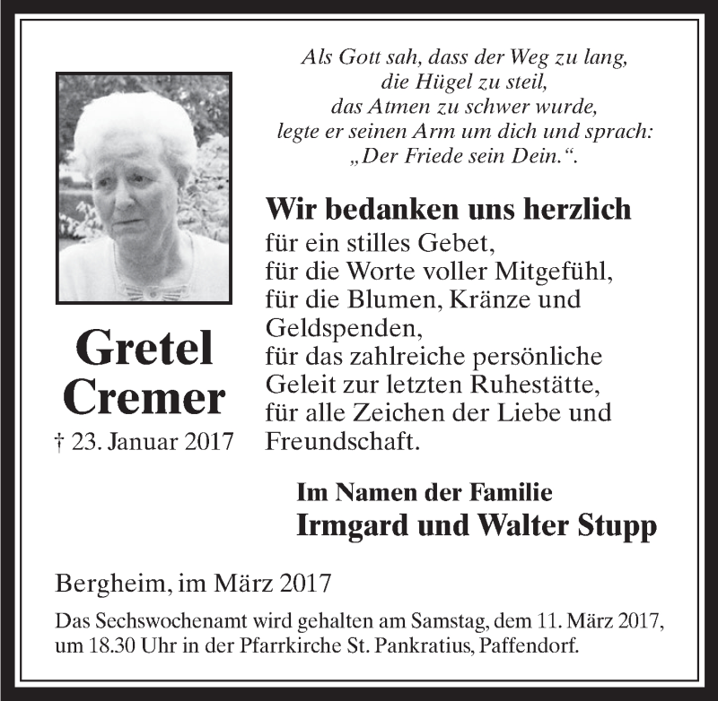  Traueranzeige für Gretel Cremer vom 08.03.2017 aus  Werbepost 