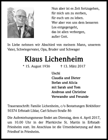 Anzeige von Klaus Lichenheim von Kölner Stadt-Anzeiger / Kölnische Rundschau / Express
