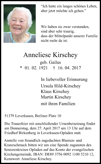 Anzeige von Anneliese Kirschey von Kölner Stadt-Anzeiger / Kölnische Rundschau / Express