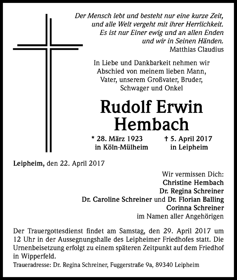  Traueranzeige für Rudolf Erwin Hembach vom 22.04.2017 aus Kölner Stadt-Anzeiger / Kölnische Rundschau / Express