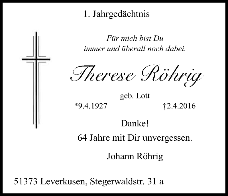  Traueranzeige für Therese Röhrig vom 01.04.2017 aus Kölner Stadt-Anzeiger / Kölnische Rundschau / Express